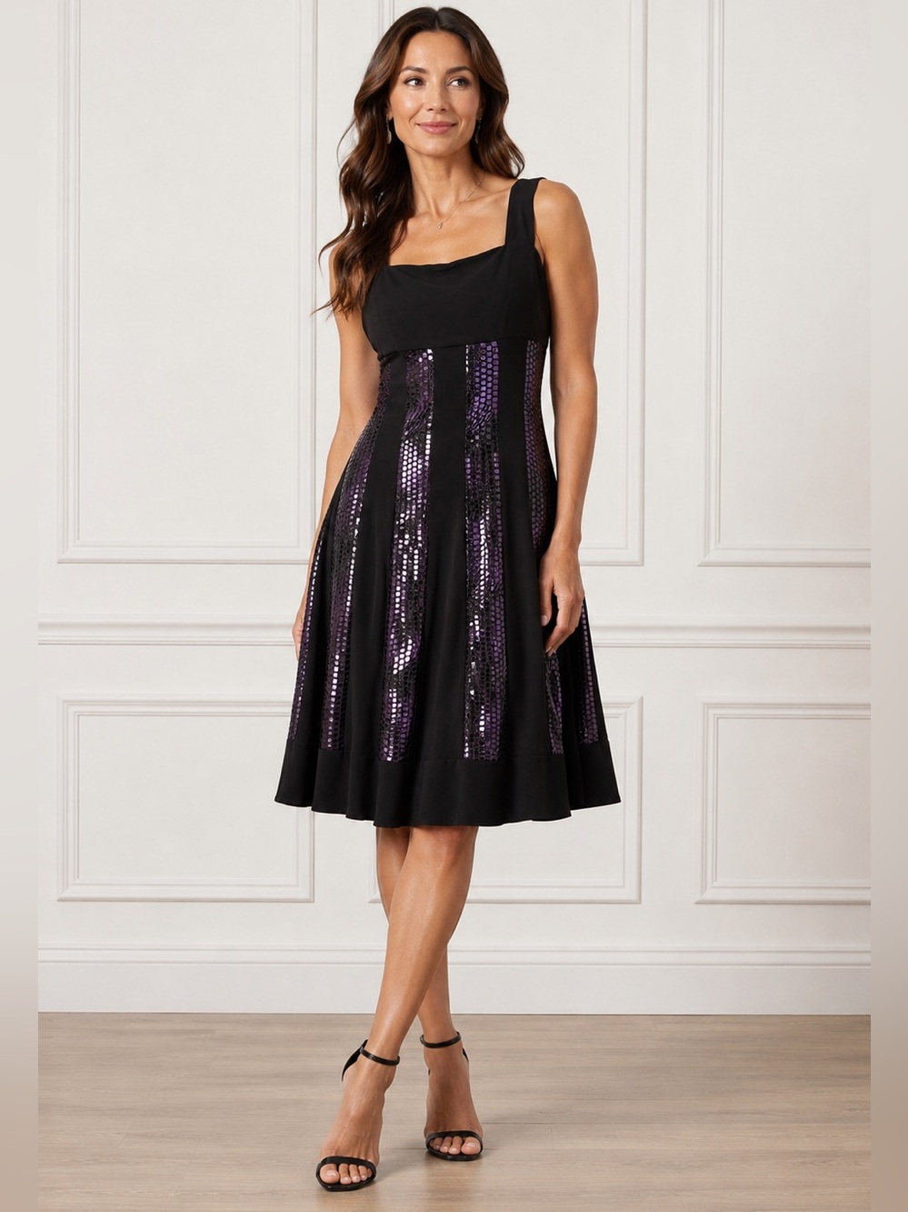 Frank Lyman Black & Purple Metallic Panel Fit & Flare Dress Size 8